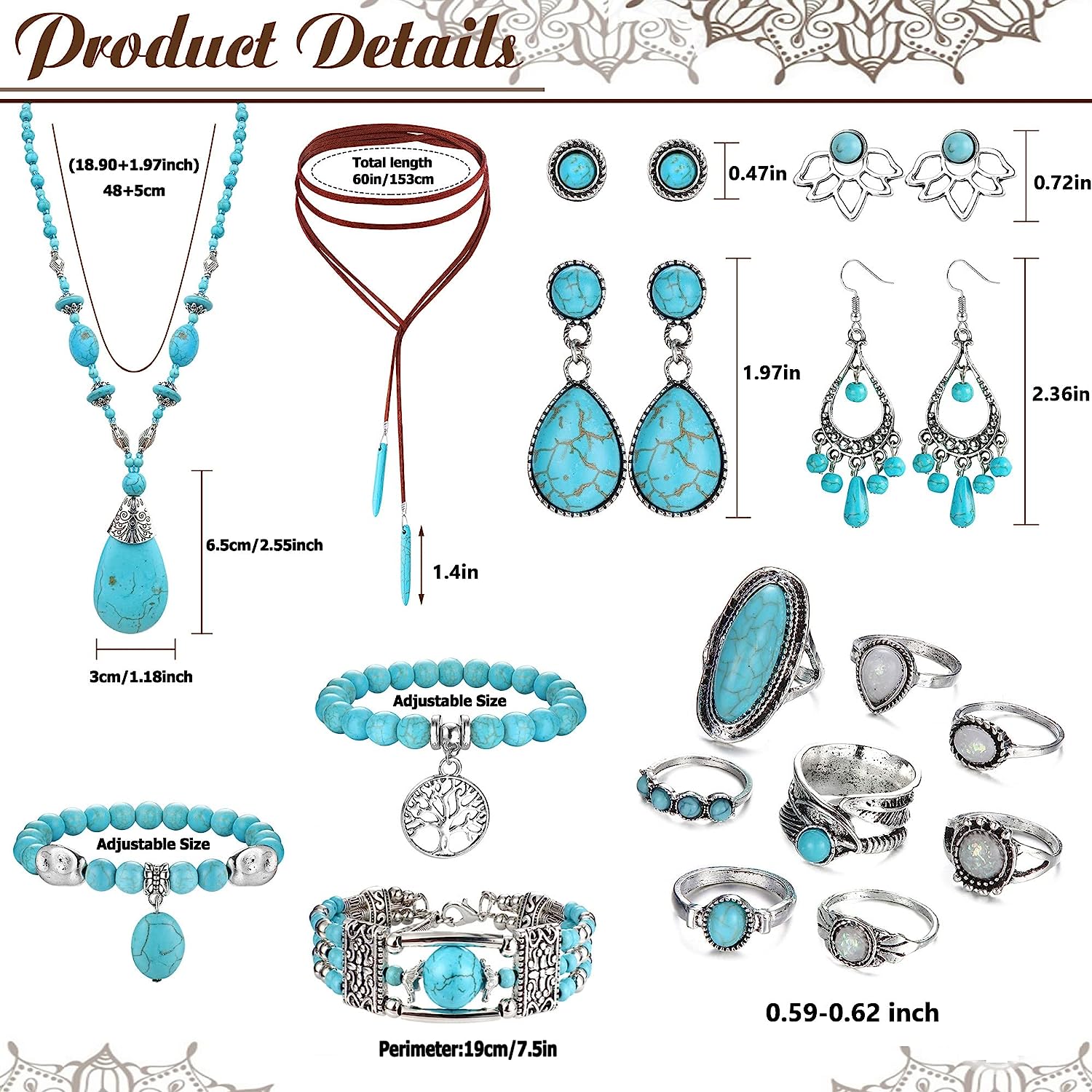 Florideco Bohemian Turquoise Jewelry Set Turquoise Pendant Necklace Turquoise Faux Leather Cuff Bracelet Turquoise Dangle Earrings Vintage Turquoise Knuckle Rings for - Image 6